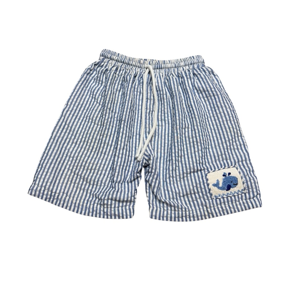 🐳 Smock Monkey Seersucker Whale Swim Shorts Blue White Sz 5 🐳